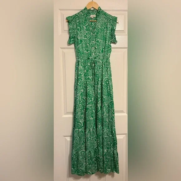 NWOT Pinch Paisley Green White Maxi Dress Flutter Sleeve Tie Waist - Picture 4 of 11